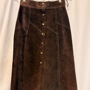 Brown Genuine Leather Mid-length Snap Skirt